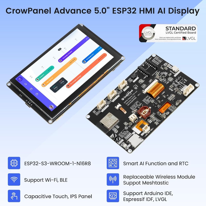 ELECROW شاشة ESP32 800×480، شاشة لمسية IPS بحجم 5" مع غلاف أكريليك، تدعم تفاعل الصوت الذكي، معالج ثنائي النواة 32 بت LX7، يصل إلى 240 ميجاهرتز، متوافقة مع Arduino و ESP-IDF و LVGL - Image 2